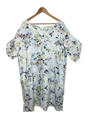 J Jill Floral Short Sleeve V Neck 100% Linen Dress Size 3X Summer Vacation